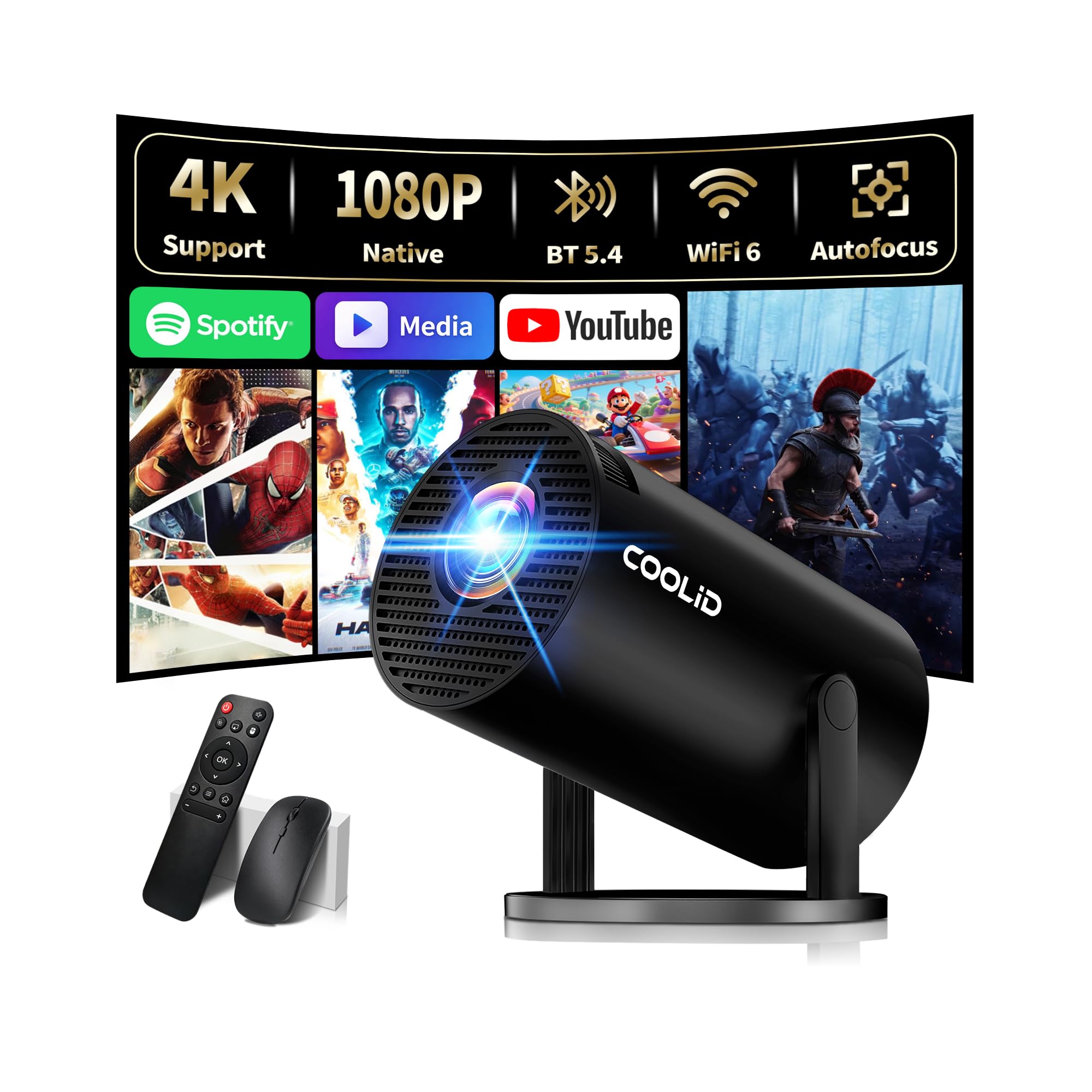 [Built-in Apps &amp; 2026 Upgraded] Mini Projector Support 4K 1080P Auto Keystone 180° Rotatable with WiFi 6 and Bluetooth 5.4, Projector Portable Compatibile with HDMI/TV Stick/Memory Stick/Laptop-Black