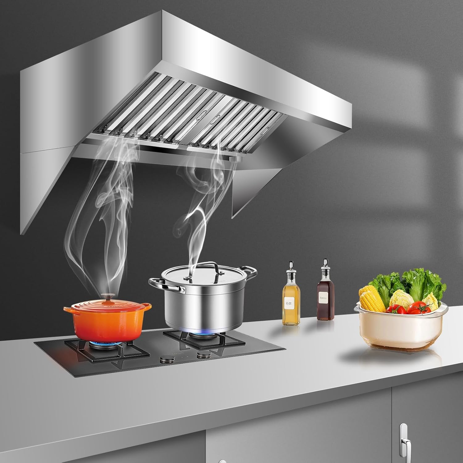 GarveeHome 5FT Commercial Exhaust Hood with Detachable U-shaped Grid Oil Filter Mesh, Stainless Steel Exhaust Vent Hood for Commercial Use