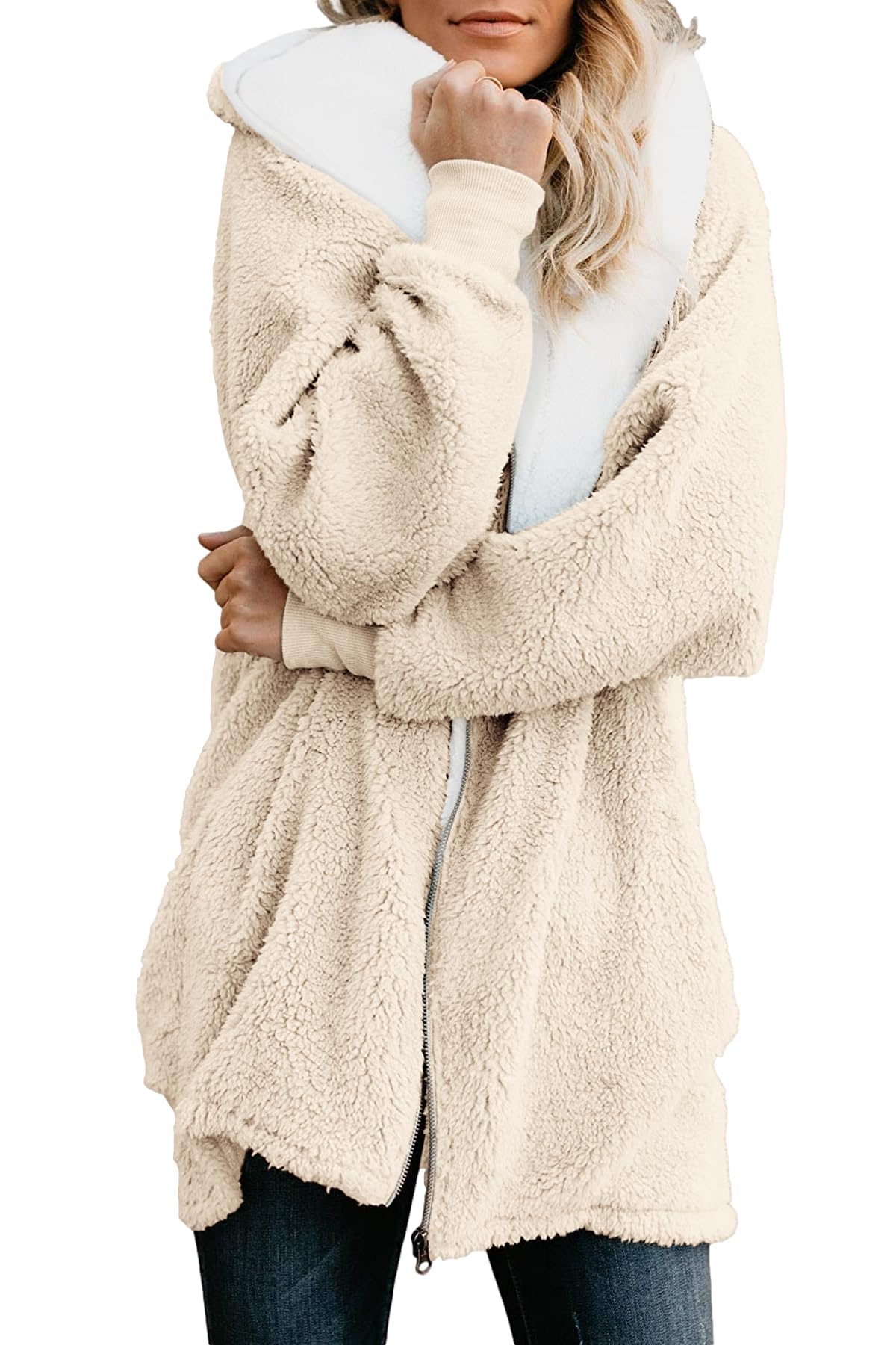 ReachMe Women's Oversized Sherpa Jacket Zip Up Fleece Hoodie