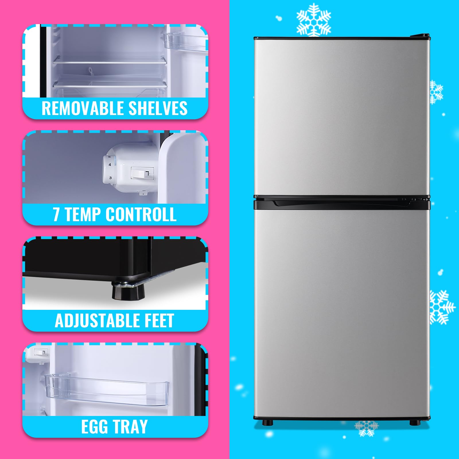 Demuller Mini Fridge With Freezer Two Doors Refrigerator With 7 Setting Adjustable Thermostat Crisper Drawer & Removable Shelves Low Noise Freezer-On-Top Refrigerator, 3.88cu.Ft, Silver on Fridge.com - View 4