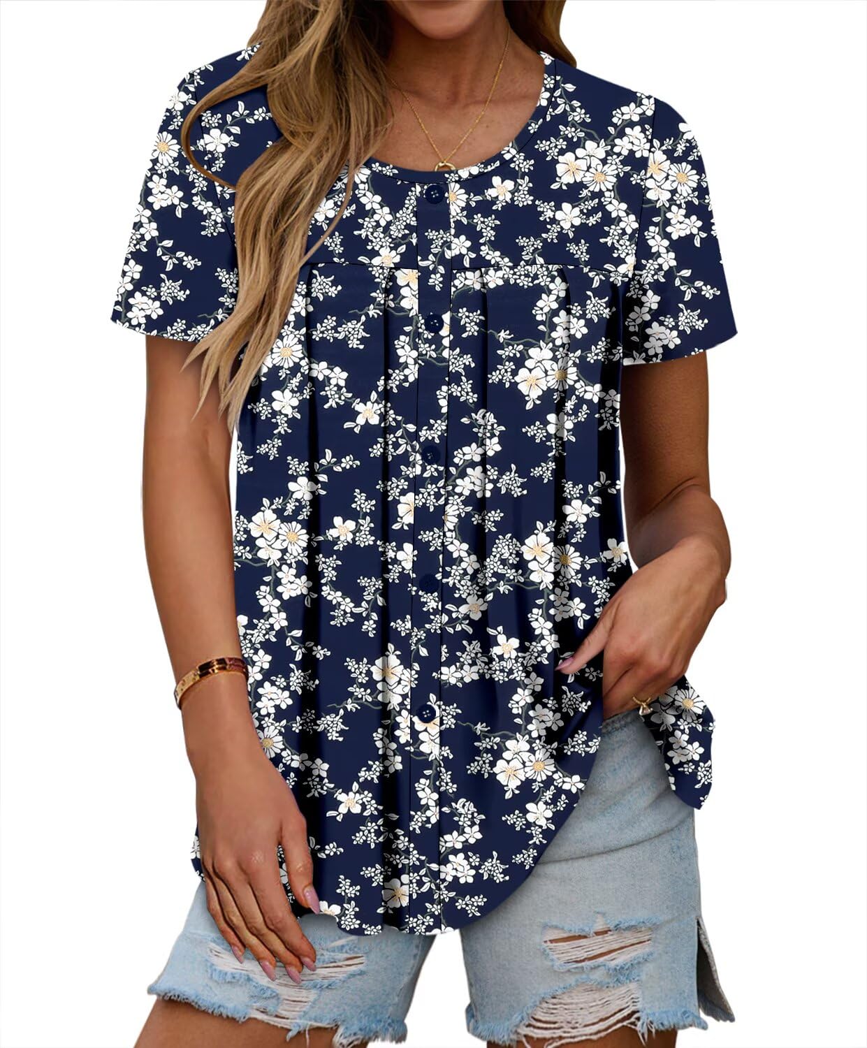 Magritta Women's T Shirts Trendy Fitted Pleated Front Summer Blouses Casual Buttons Round Neck Short Sleeve Tunic Tops