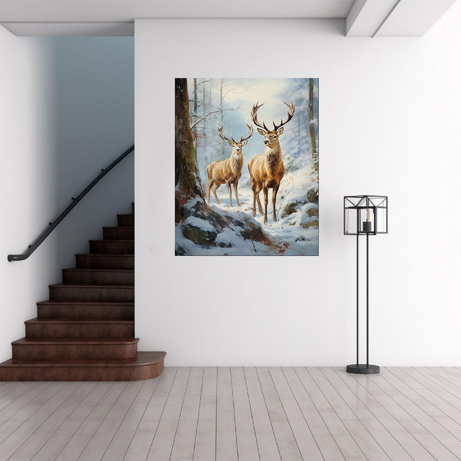 JOSUE Tier LeinwäNde Groß Xxl Wall Decoration Bilder,Hirsche im Winterschneewald Weiss-braun Wandbilder FüR Schlafzimmer BüRo Home Dekorationen-75x115cm Gerahmt