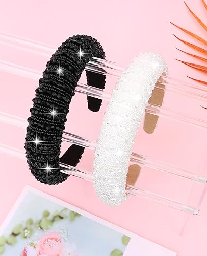 Vista 35 de Wecoe Diadema negra para mujer, diadema de diamantes de imitación de moda, diadema acolchada, diadema de diamantes brillantes con cuentas