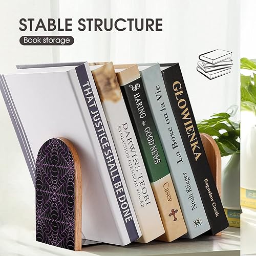 Miniatura 7 de Sujetalibros de madera con diseño de telaraña morada, 1 par para estantes, soporte pesado para libros, 5 x 3 pulgadas