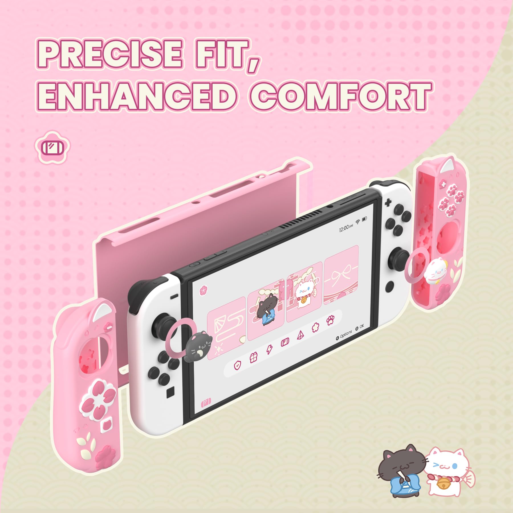 playvital Cover Dockable per Nintendo Switch OLED, Custodia Grip Silicone per Joycon &Copertura Console Protettiva Rigida &Supporto Regolabile &Copri Analogici Carini, Gattino di Fiori-Rosa - 5