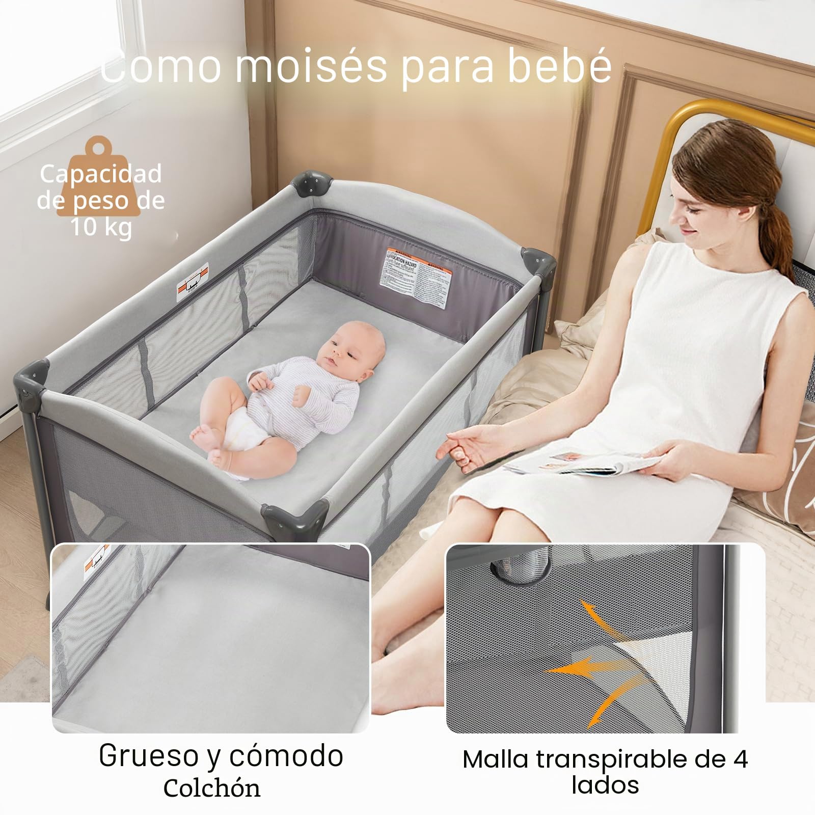 GOPLUS Cuna de viaje 5 en 1 con cambiador, colchón grueso, cama de viaje plegable para bebé con paredes laterales ventiladas, bolsa de transporte, cuna con dosel, parque para bebés de 0 a 36 m (gris)