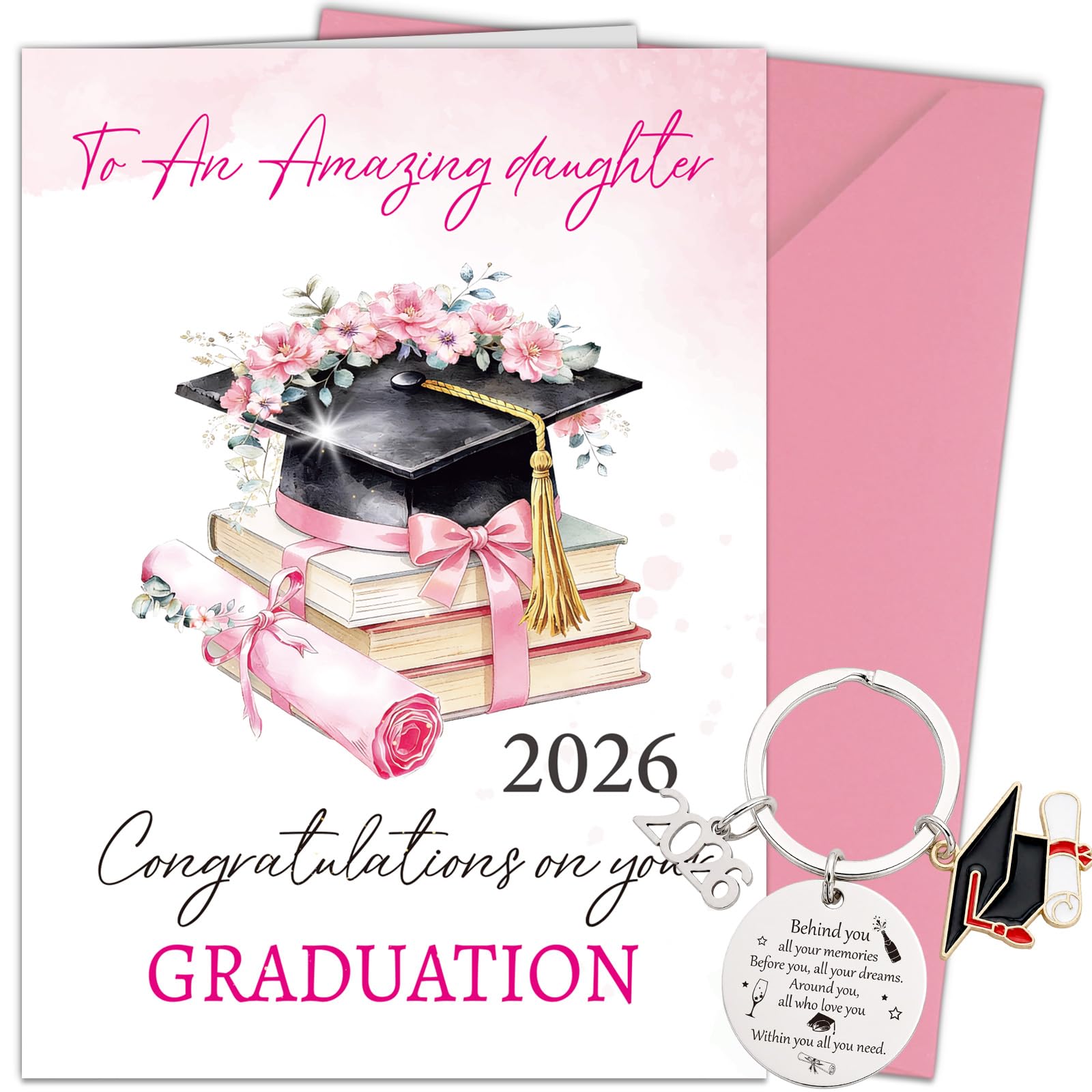 Graduation Card Daughter, Congratulations Cards and Keyring with Envelope, Female Class of 2026 College High School Graduation Gifts Set