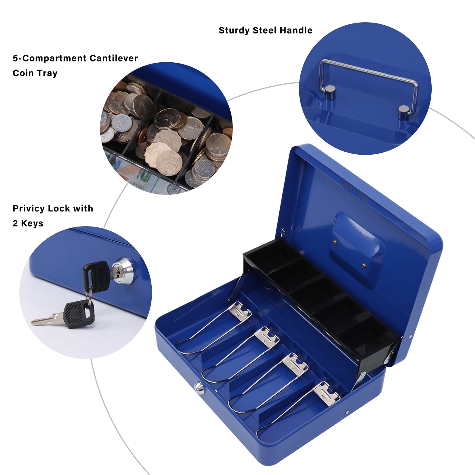 Xydled Metal Cash Box, Cash Box with Money Tray and Key Lock, Storage Box, Blue,4 Bill / 5 Coin Slots,11.8" x 9.5" x 3.5"