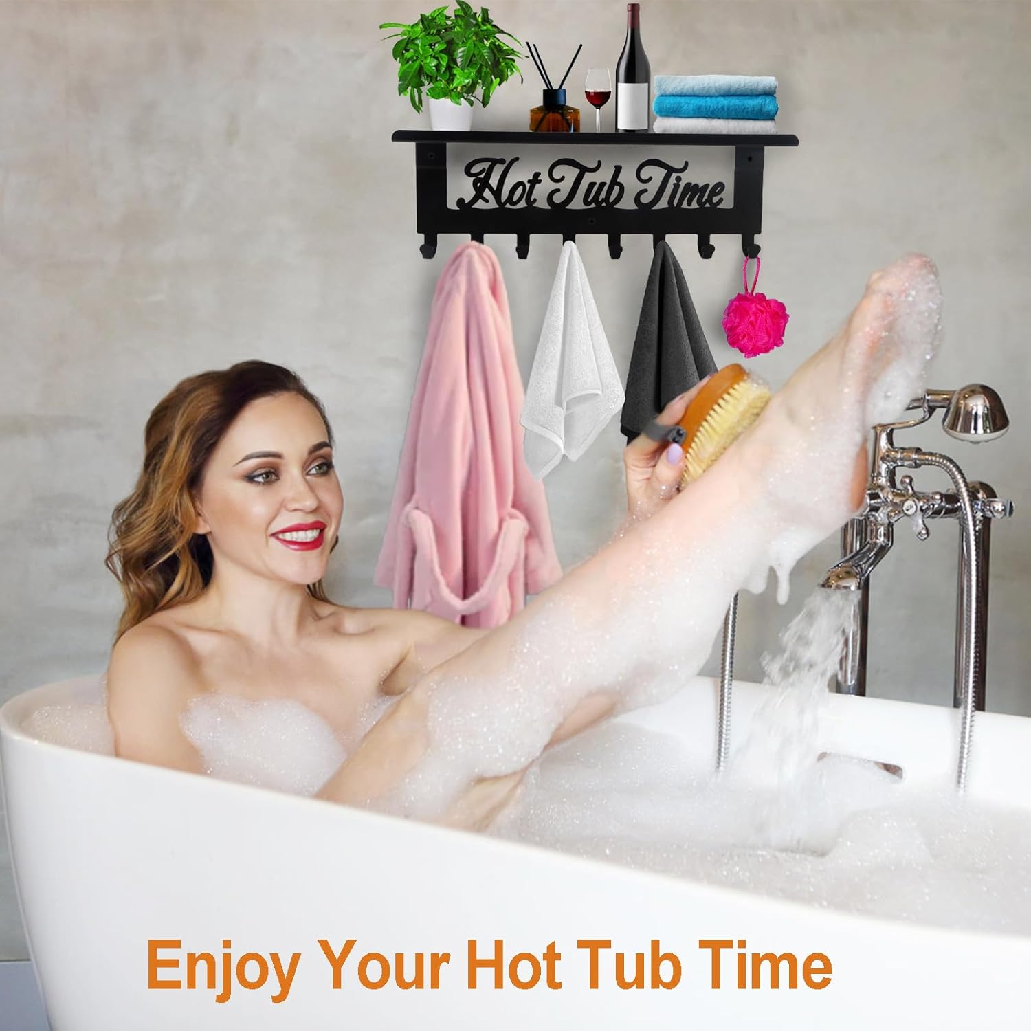 Hot Tub Towel Rack 8 Hooks Hot Tub Accessories with Shelf Bathroom Towel Holder Organizer Outdoor Wall Mount Decor in Bath Hot Spring Swim Pool Hotel