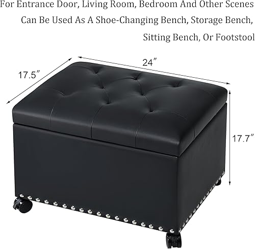 Miniatura 41 de Taburete otomano rectangular de cuero de 24 pulgadas con ribete de cabeza de clavo, cofres de juguetes y organizador de almacenamiento para Negro