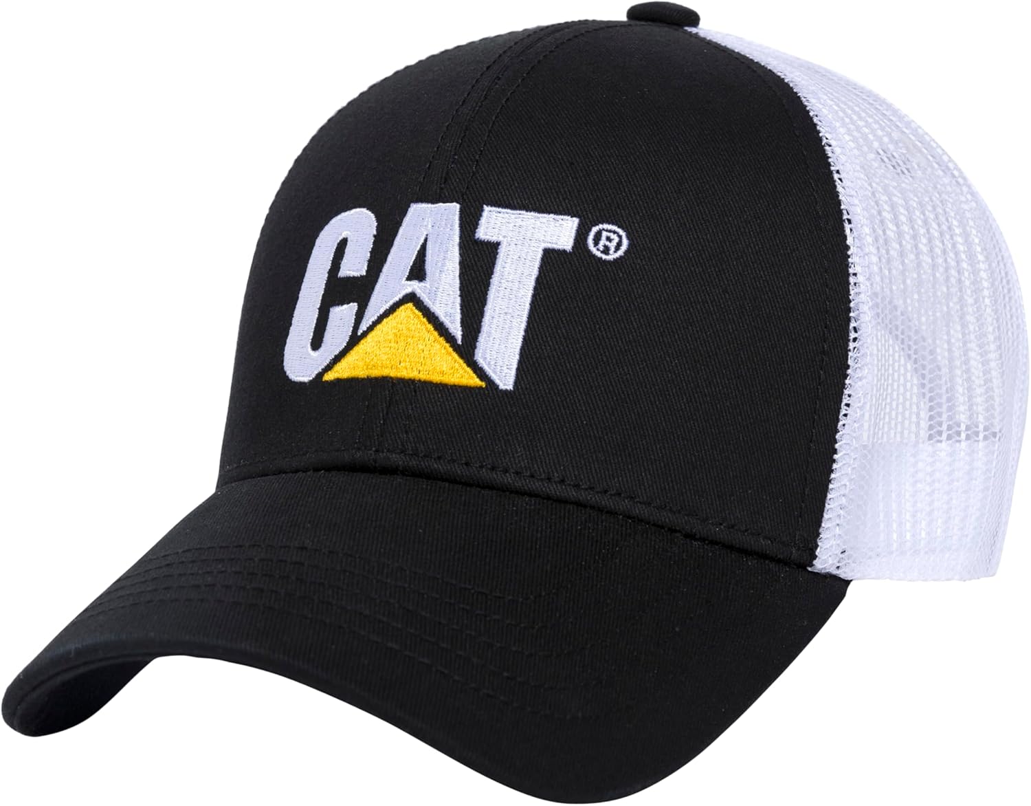 CAT Mens Raised Logo Hats with Embroidered Front and Contrast Mesh Back with Plastic Snapback Closure