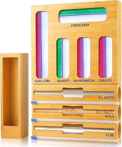 Organizador de almacenamiento de bolsas Ziplock 9 en 1, dispensador de papel de bambú y plástico con cortador, organizador de almacenamiento con