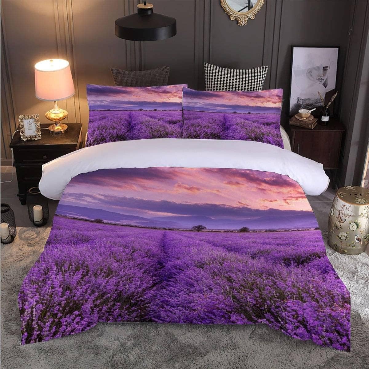 Housse de Couette 220x240 Lavande Parure de Lit Imprimée Microfibre, Lavande Sets de Housses de Couettes 3D 2 Personnes avec 2 taies d'oreiller 65x65 cm H2028