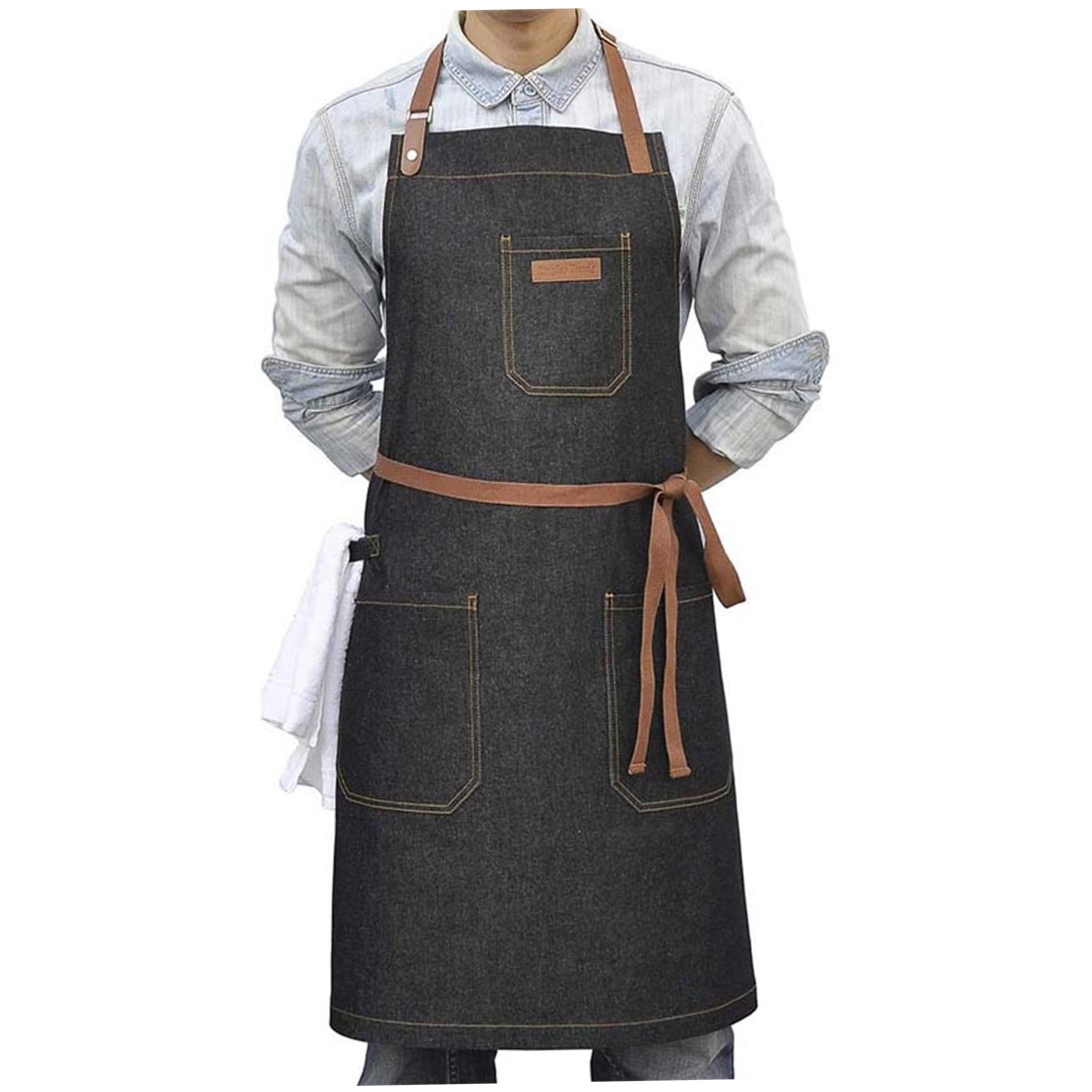 Bemonew Denim Apron, Jean Apron with Adjustable Straps for Men & Women Multi-pocket Cooking, Grill & Gardening Aprons, Black