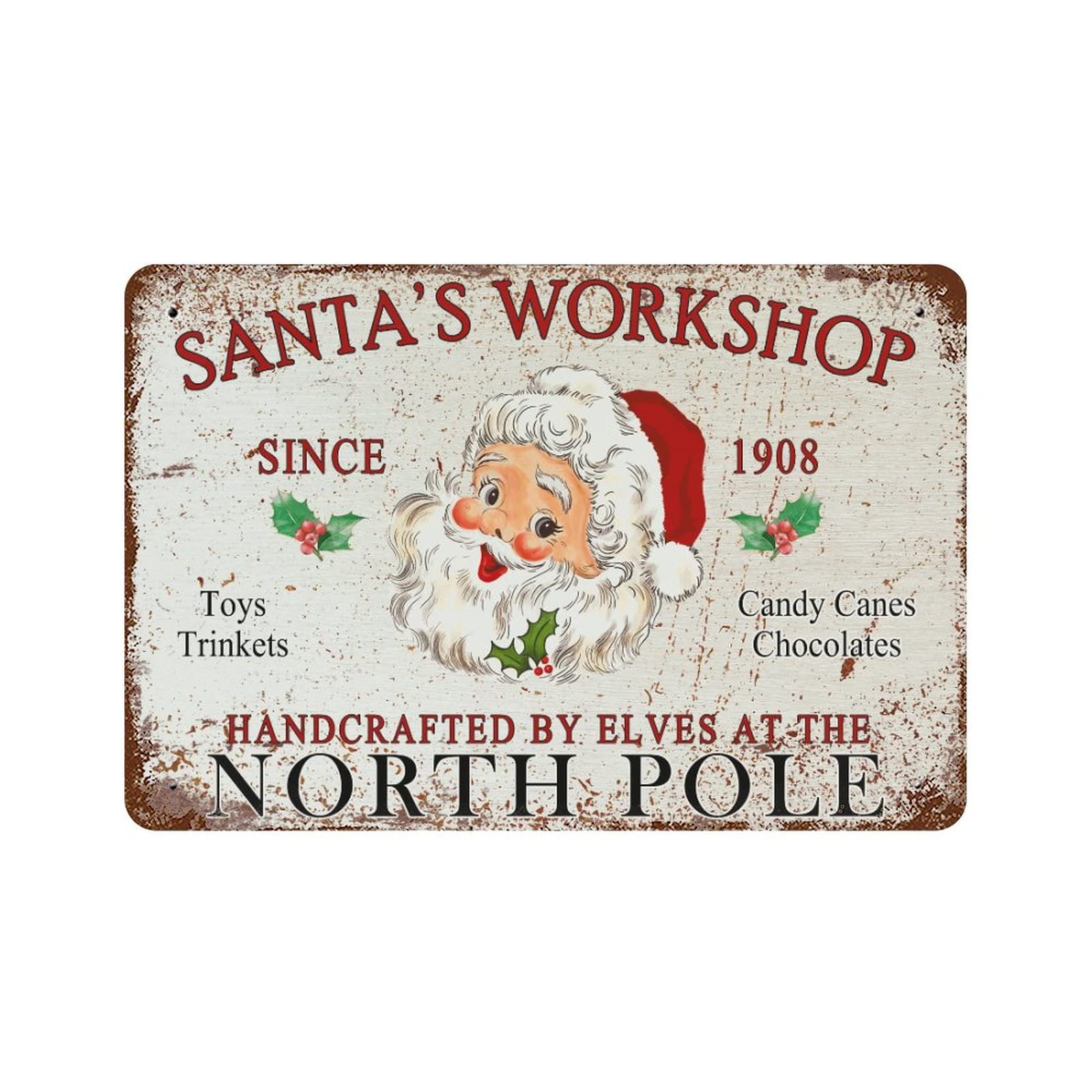 Panneau de Noël Santa's Workshop rétro en aluminium, cadeau déco idéal pour la maison