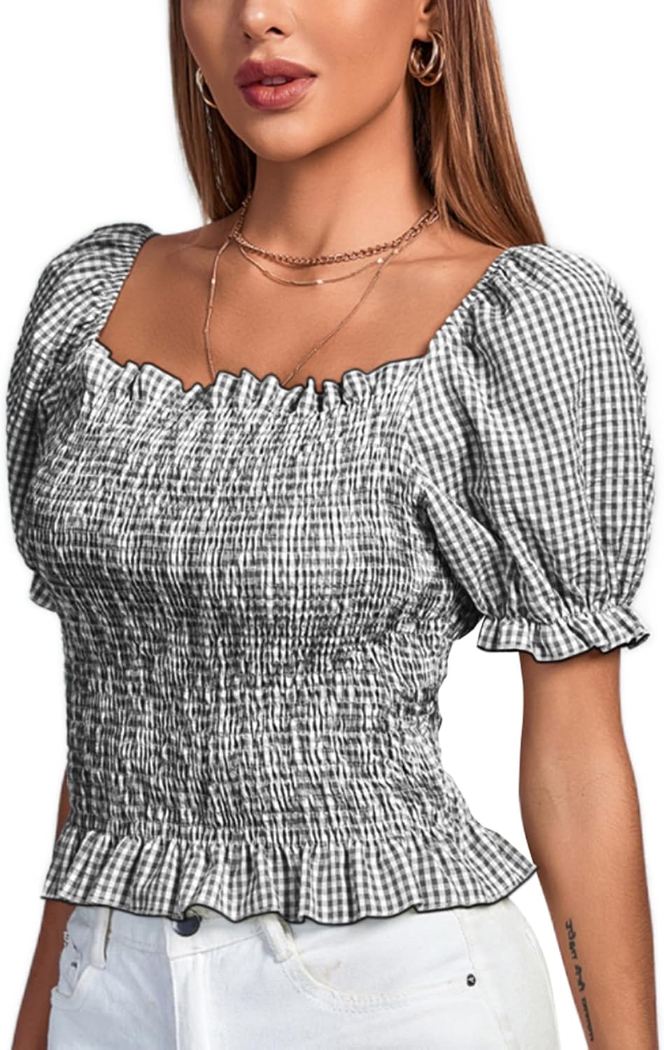 LYANER Women's Ruffle Peplum Smock Gingham Crop Top Square Neck Puff Short Sleeve Blouse Shirt - Image 3