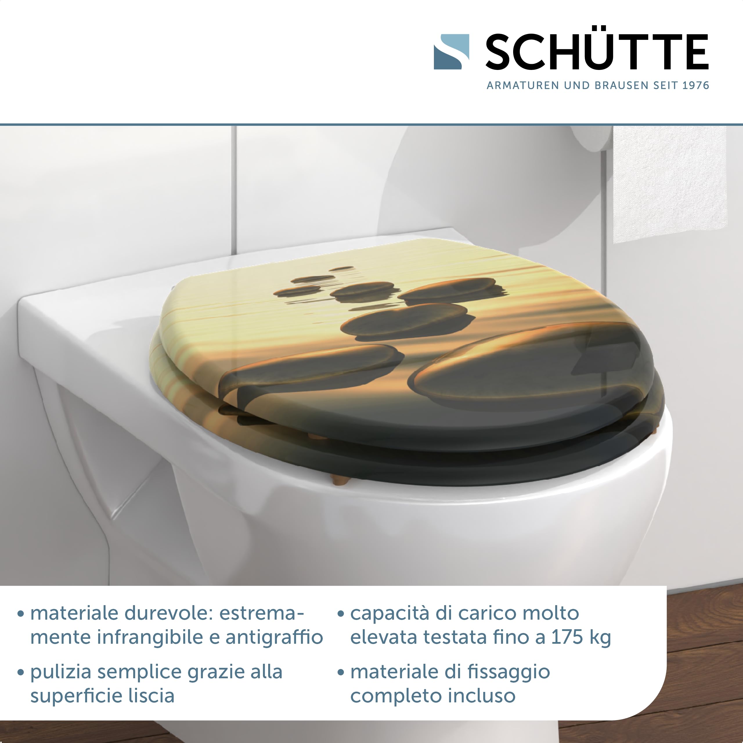 Schütte Sedile Anima in Legno Sea Stone, Adatto per Molti WC in Commercio, Carico Massimo degli occhialini 150 kg, Motivo Pietre su Occhiali e Coperchio 80027