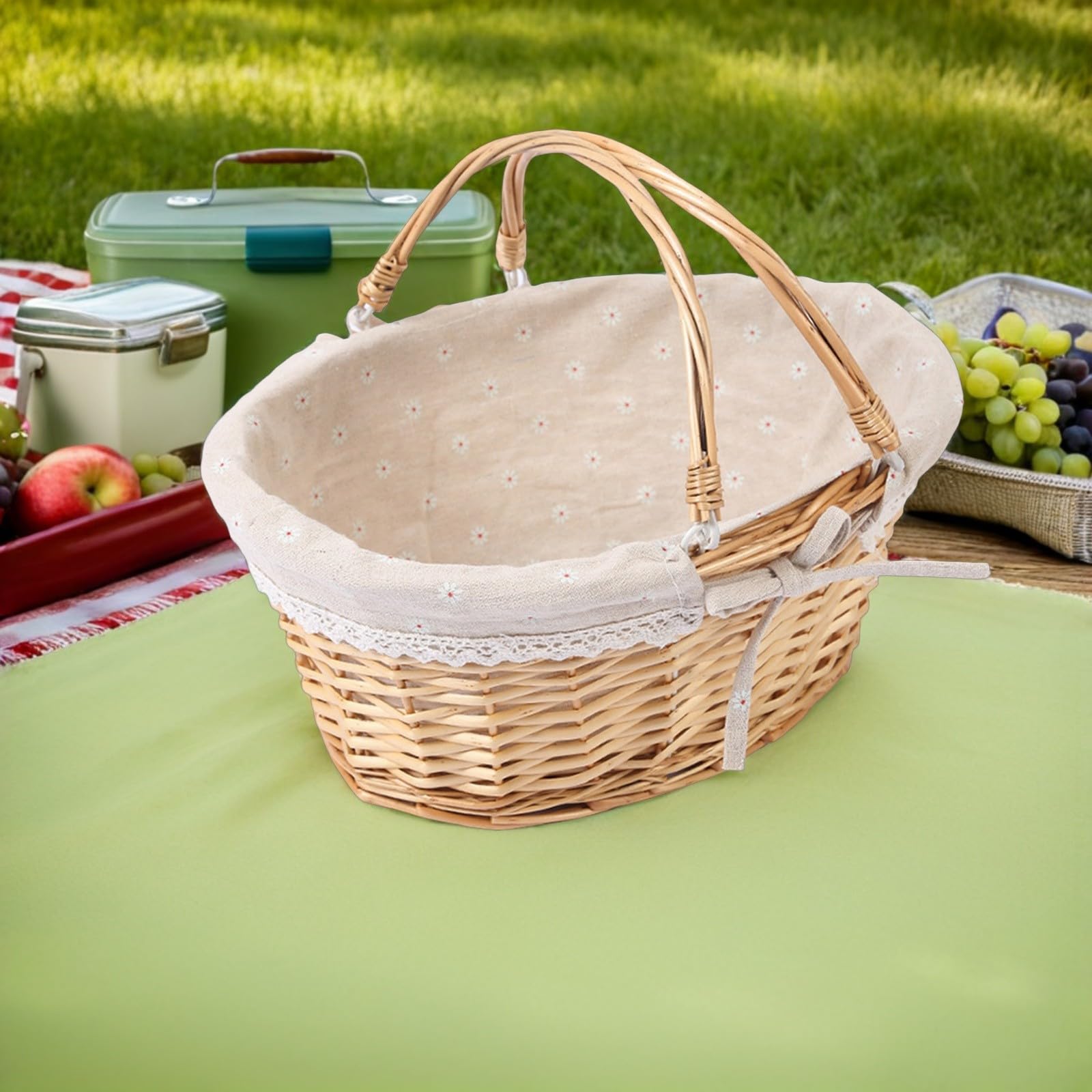 Handgeflochtener Weidenkorb mit Henkel und Futter Blumenkorb für Hochzeiten und Partys Vielseitiger Aufbewahrungskorb in Khaki für Picknick und Dekoration