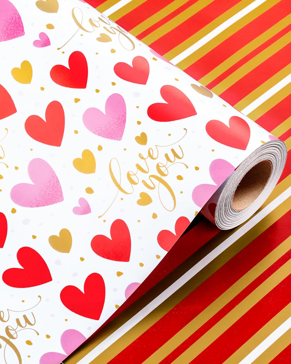 Wikadlik Colorful Hearts Wrapping Paper Roll - 43cm x 10m Red Gold Stripe Design Gift Wrap Paper for Valentines Day, Anniversary, Mothers Day, Wedding