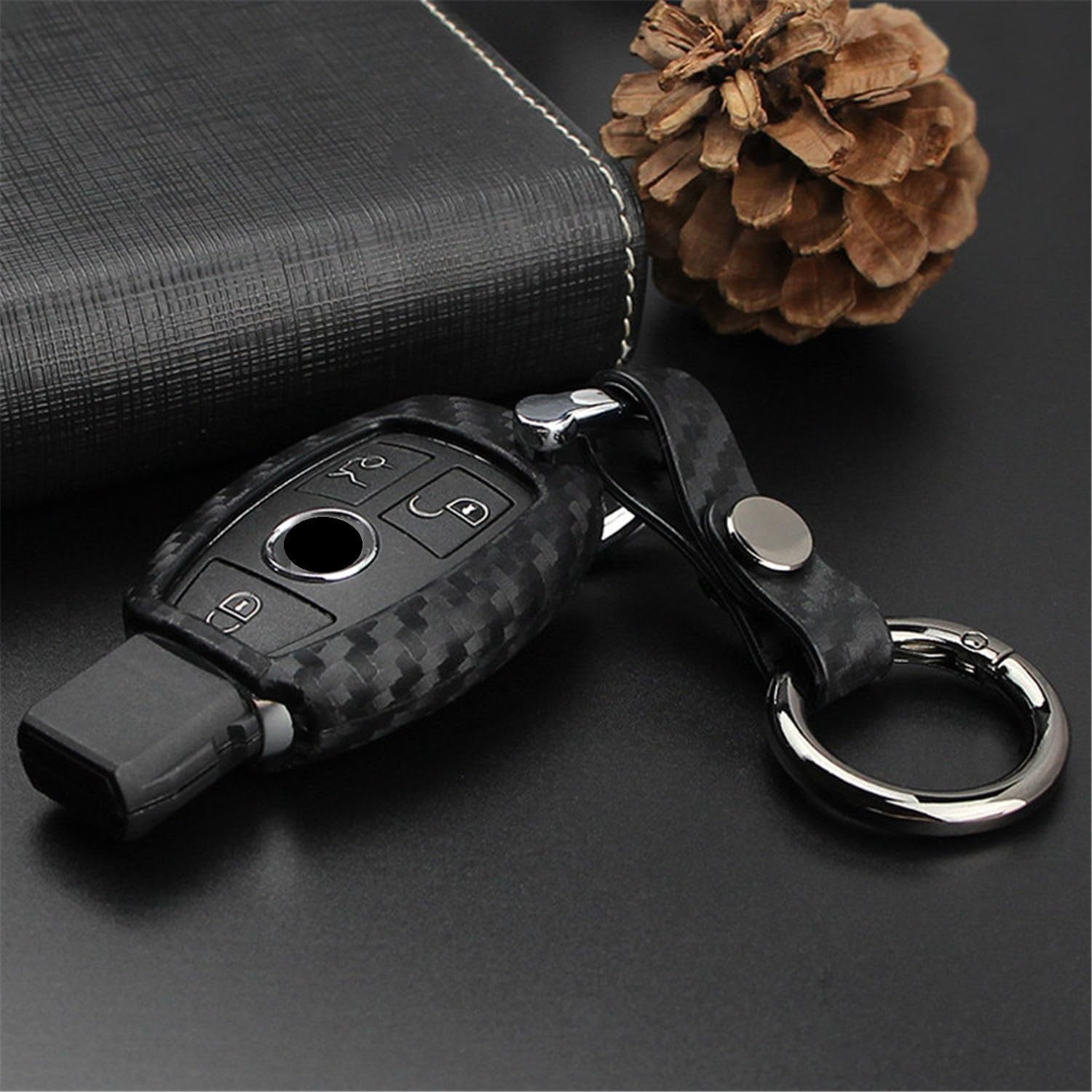 Soft Silicone Rubber Carbon Fiber Texture Car Key Fob Case Cover For Mercedes-Benz A Class B C E S G M V Class CLA CLS GLA GLC GLE GLK GL GLS SL SLK SLC Viano For Metris -Black-Round Keychain - Image 5