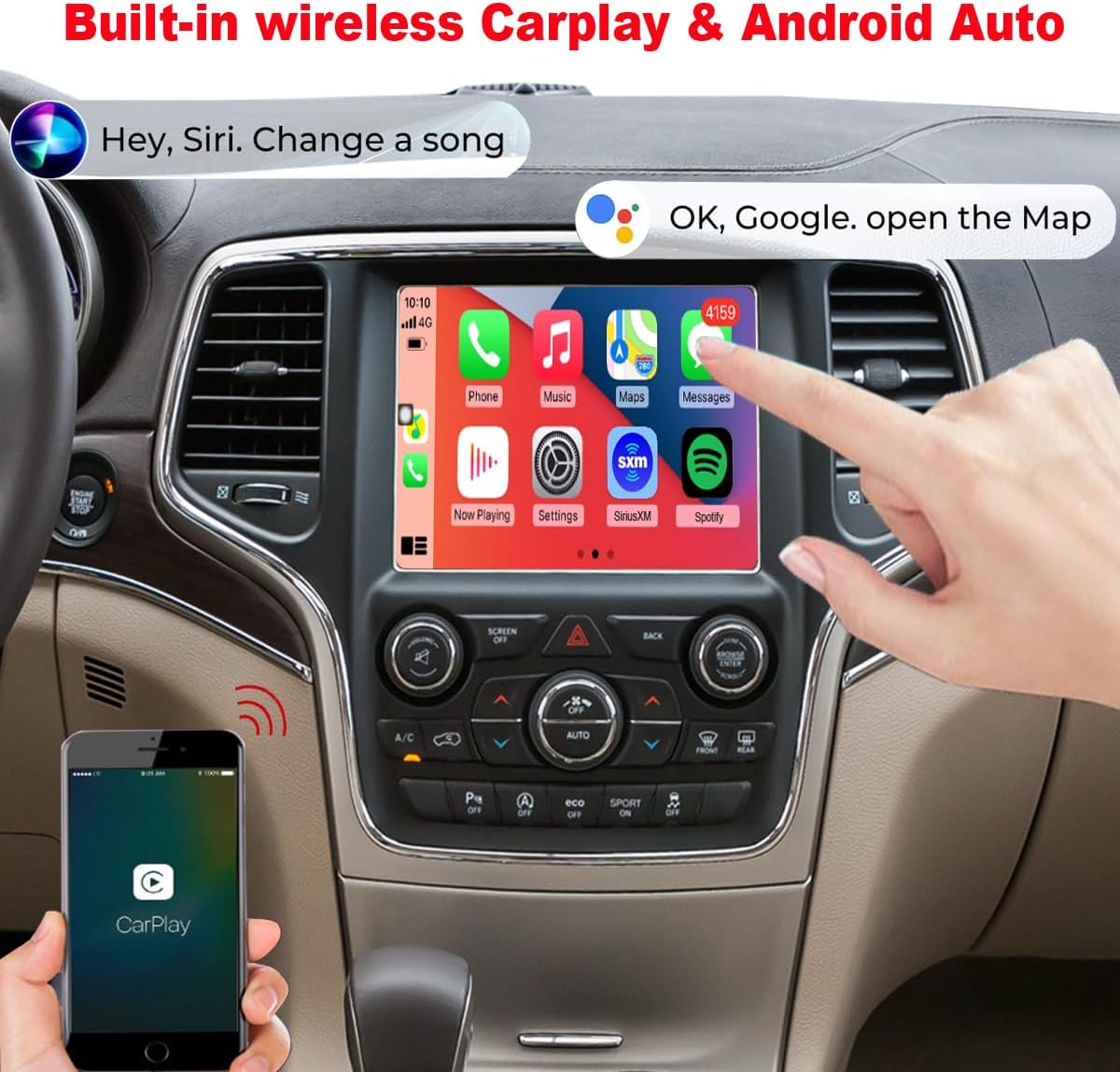 QLED Radio for Jeep Grand Cherokee Wrangler Compass,Dodge Challenger Charger Durango,RAM 1500/2500/3500,and More Select Models,CarPlay Android Auto Ready
