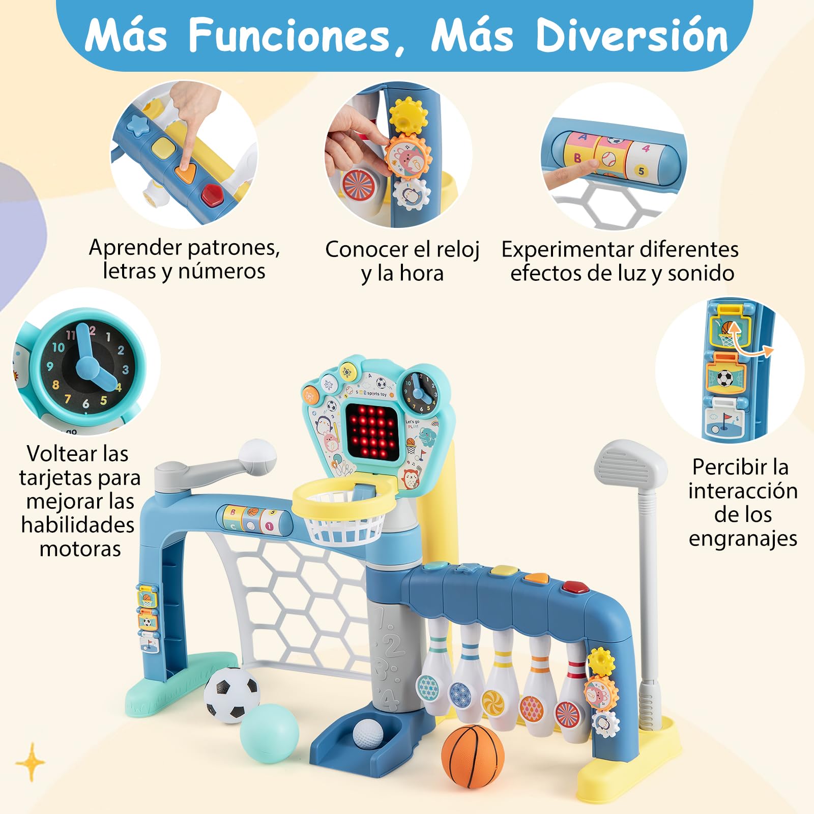 GOPLUS Juguetes Deportivos para Niños, Centro de Actividades 5 en 1 con Baloncesto, Fútbol, Bolos, Béisbol y Golf con Luces y Sonidos, para Niños de 1-3 Años