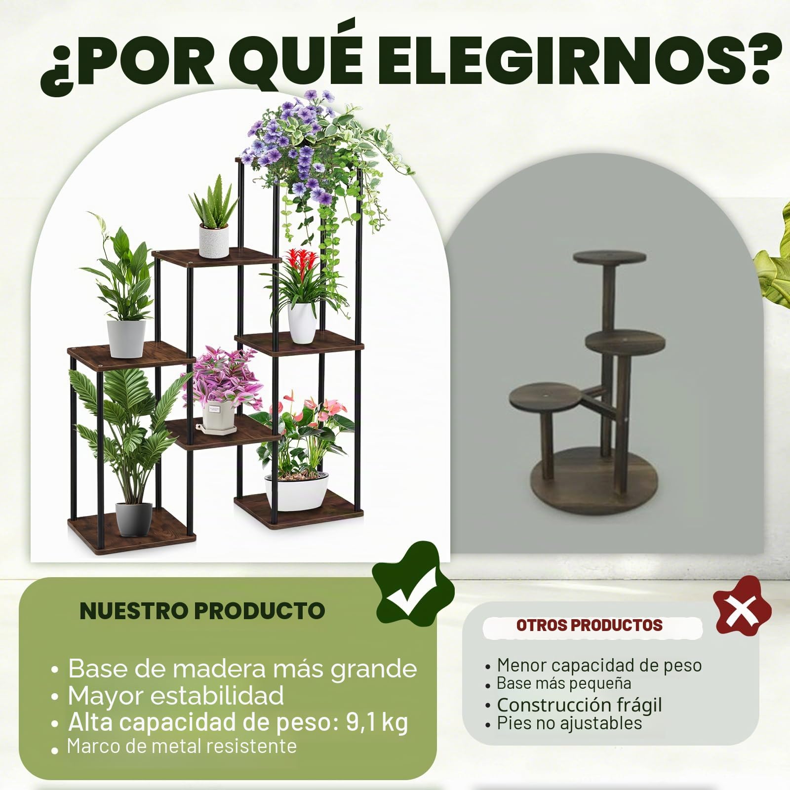Soporte para Plantas de Interior y Balcón | Portaplantas Ahorra Espacio de Varios Niveles con Efecto Madera, Estructura Metálica Estable, Montaje Fácil