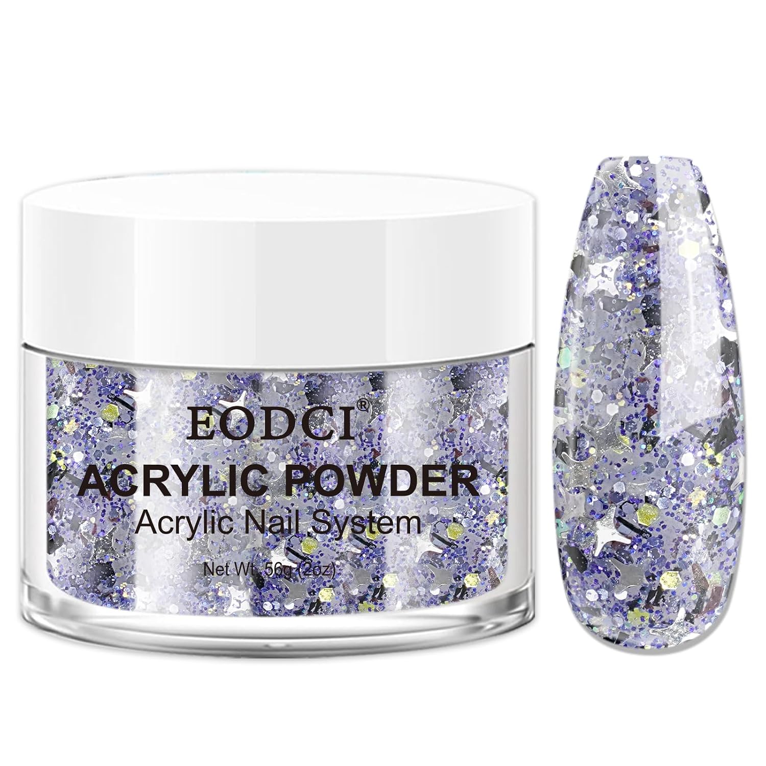 EODCI Glitter Purple Acrylic Powder - 56g/2oz Star Acrylic Nail Cover Powder for Nail Extension, Professional Nail Design, Sculpting, and Nail Building - Salon-Quality Acrylic Nail Supplies