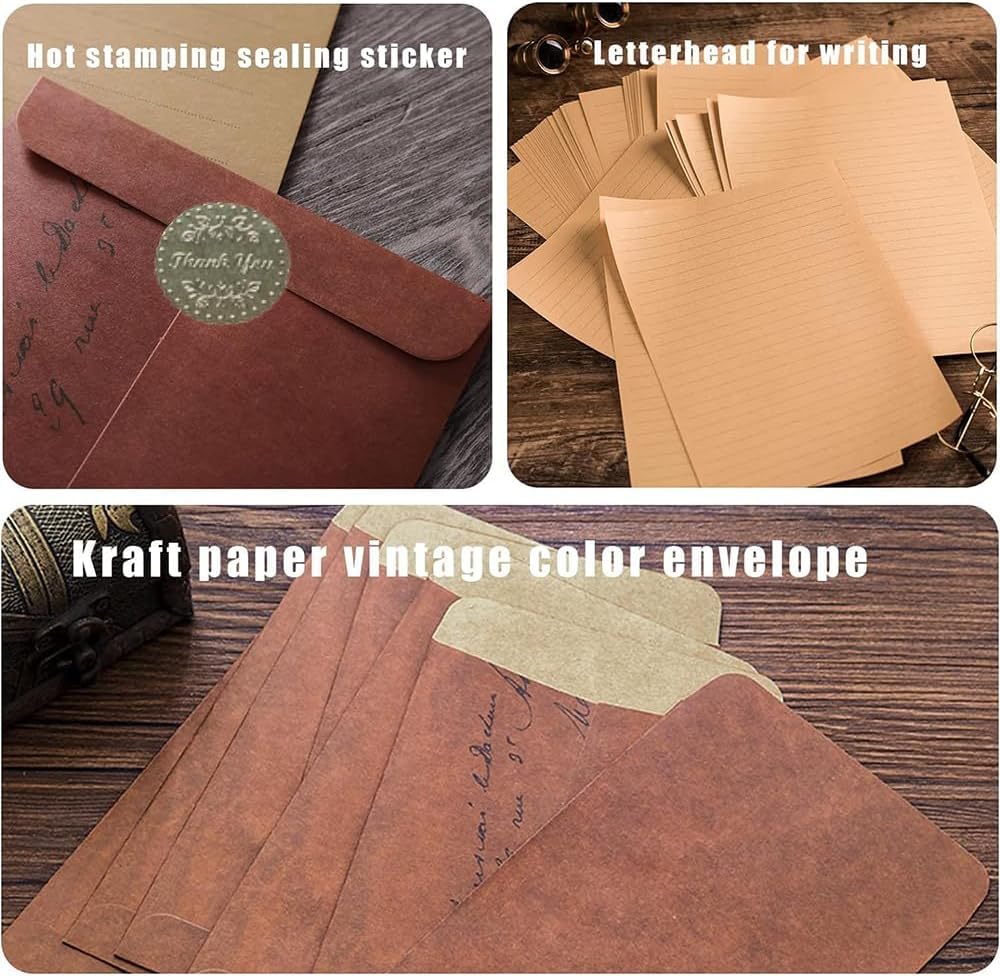 Papeterie Vintage Lot 26 Pièces - Papier à Lettres B5 Ligné, Enveloppes Rouges/jaunes Et Autocollants Cire, Style Rétro Pour Correspondance Et Scrapbooking