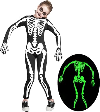 Spooktacular Creations Halloween Kids Skeleton Costume, Unisex Glow in the Dark Skeleton Jumpsuit with Gloves for Boys, Girls