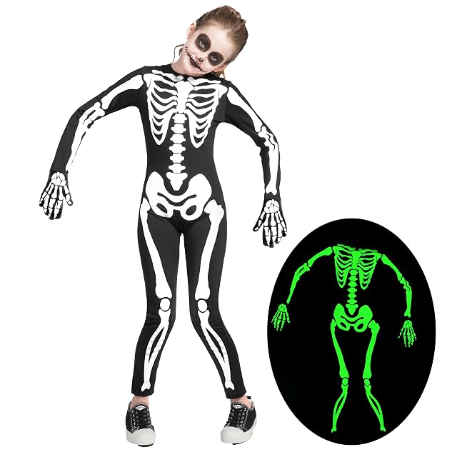 Spooktacular Creations Disfraz de esqueleto unisex que brilla en la oscuridad para niños y niñas, Negro -