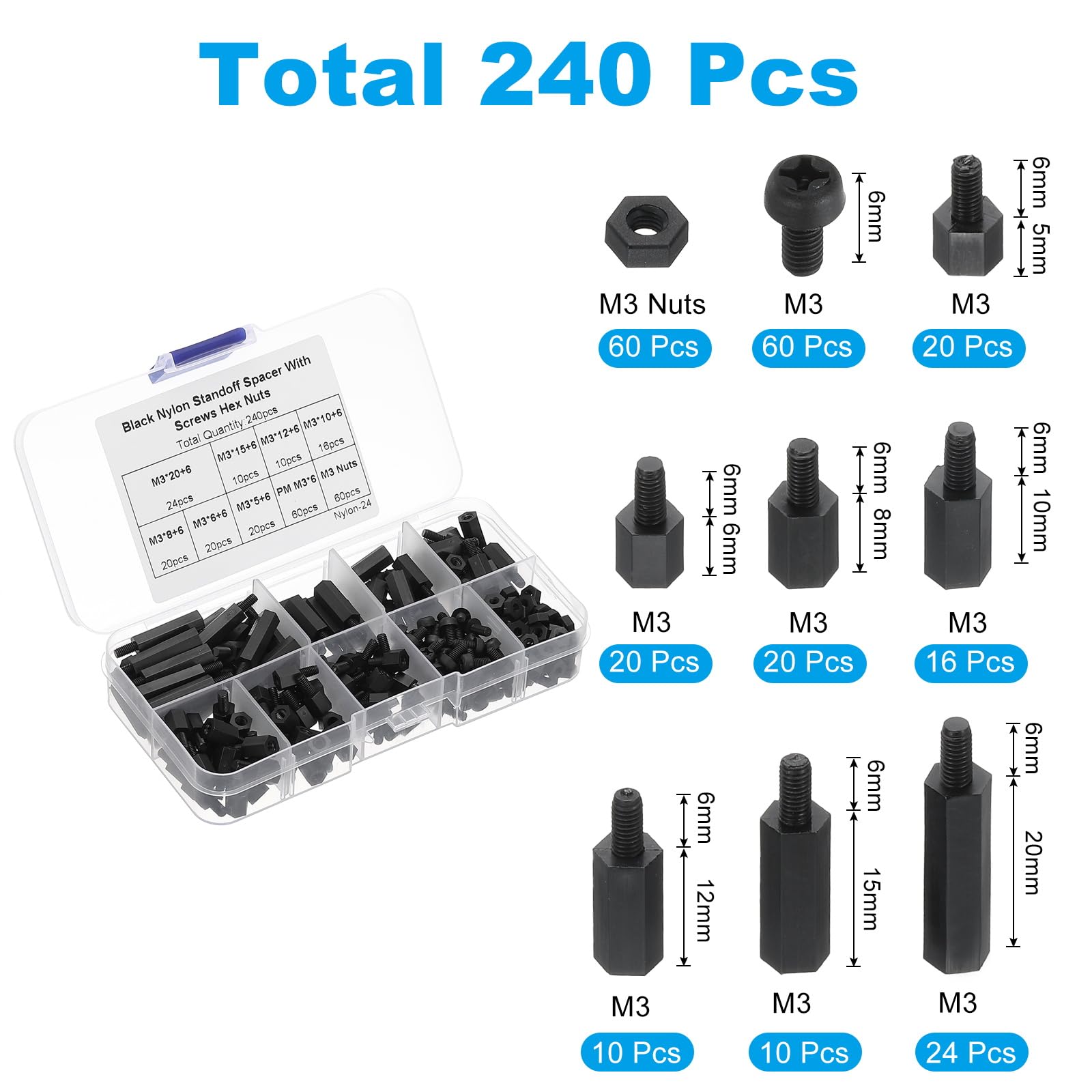 PATIKIL M3 Male Female Nylon Hex Spacer Standoff Kit, 240Pcs Motherboard Standoffs Assortment Kit, Electrical Outlet Spacers - Image 2