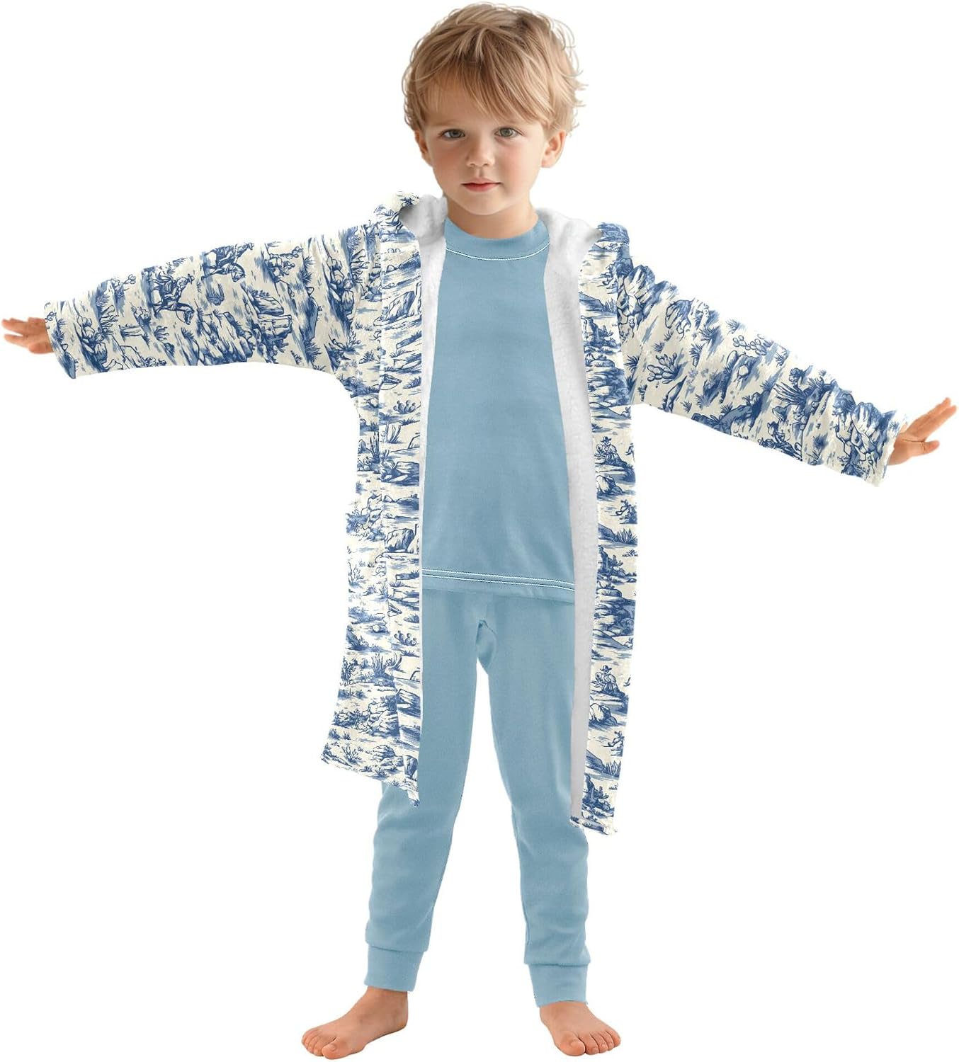 Vintage Cowboys Horses Cactus Blue Pattern Bathrobe Hooded PJ Robe Soft Fleece Robe Sleepwear 2-12 Years