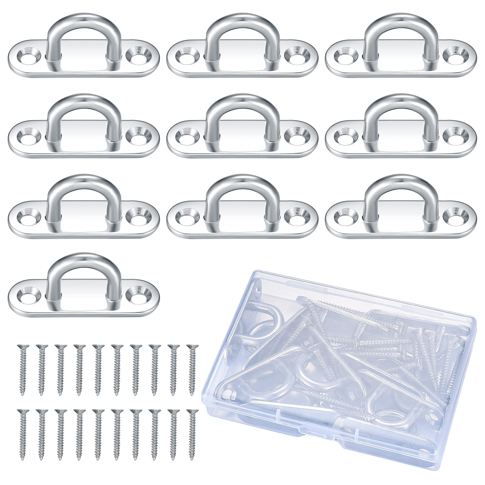 10 Pcs M5 Stainless Steel Eye Plate, Metal Oblong Eye Plate Pads, Staple Rings Hooks Hardware with 2 Holes for Rope Loop Hanging Hooks, with Screws