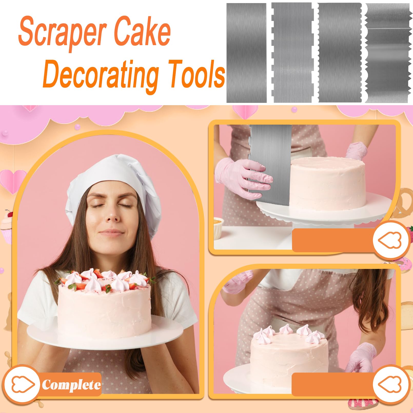 Rascador de tartas de acero inoxidable, espátula grande de 22,8 cm, contorno de doble cara con patrón de borde, herramienta de repostería en 6 patrones para diferentes formas de bordes de pastel de