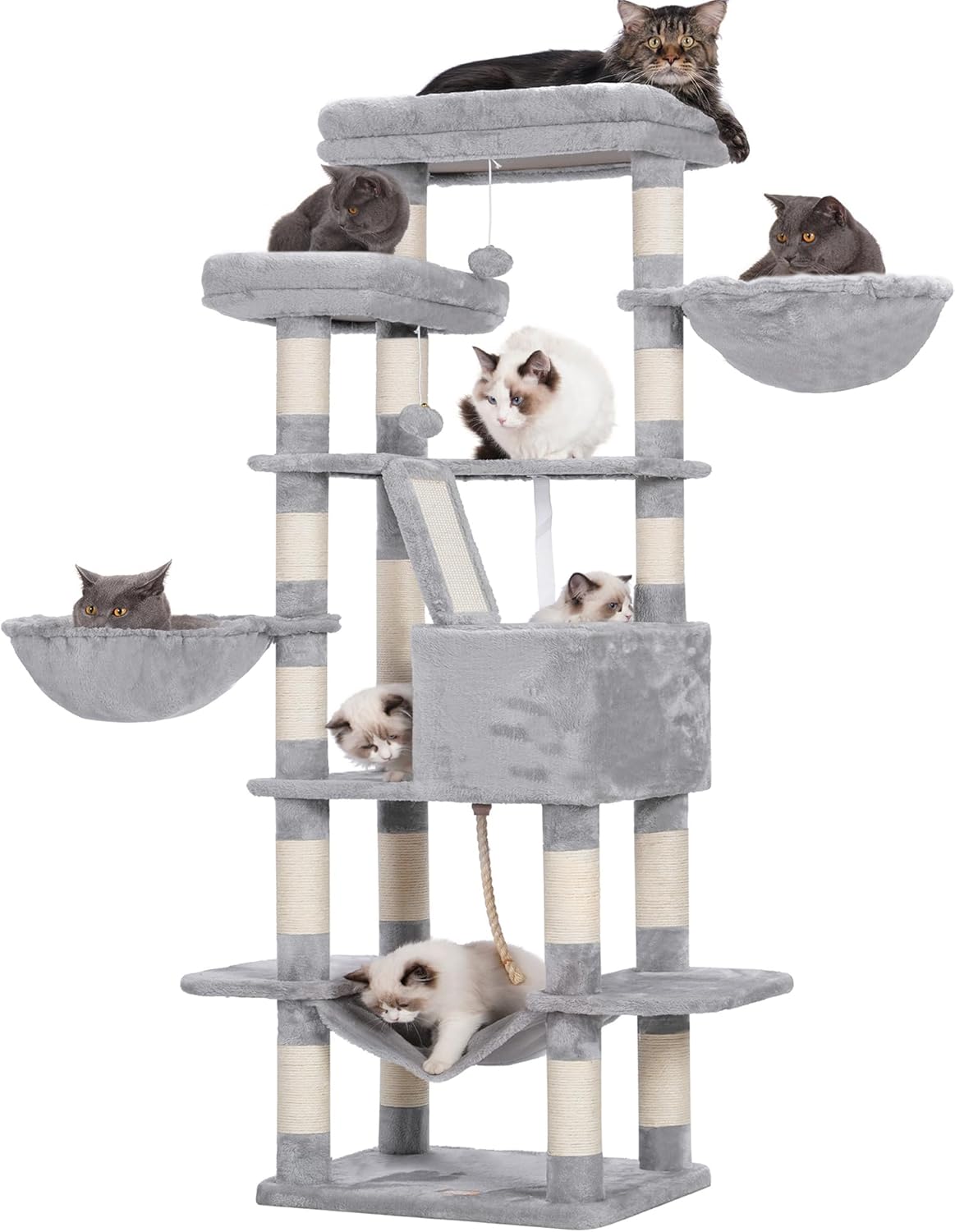 Heybly Cat Tree, 68 inch Multi-Level Cat Tower for Indoor Cats, 2 Widened Plush Perches Cat Condo with Scratching Board and Big Caves, Light Gray HCT025W