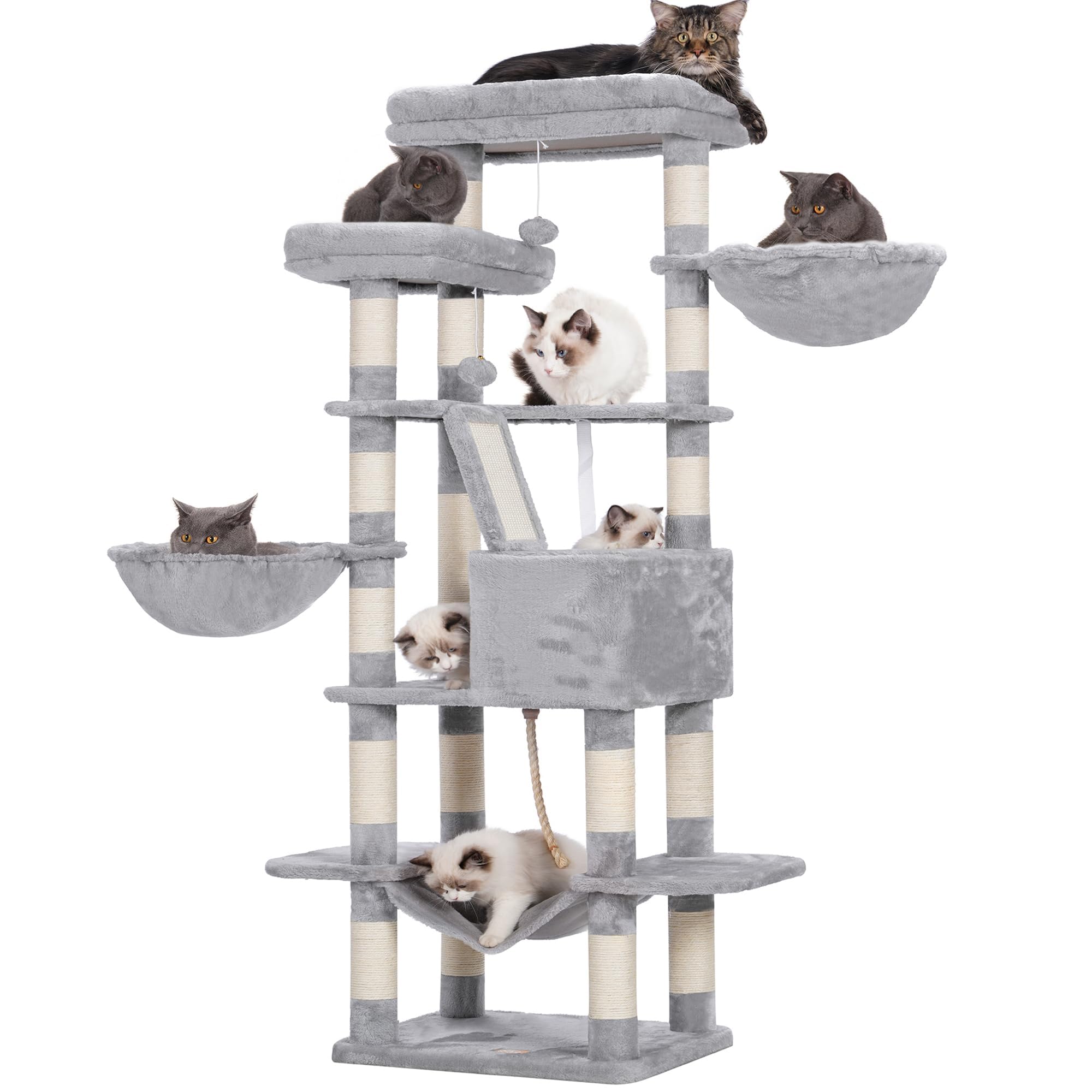 Heybly Cat Tree, 68 inch Multi-Level Cat Tower for Indoor Cats, 2 Widened Plush Perches Cat Condo with Scratching Board and Big Caves, Light Gray HCT025W