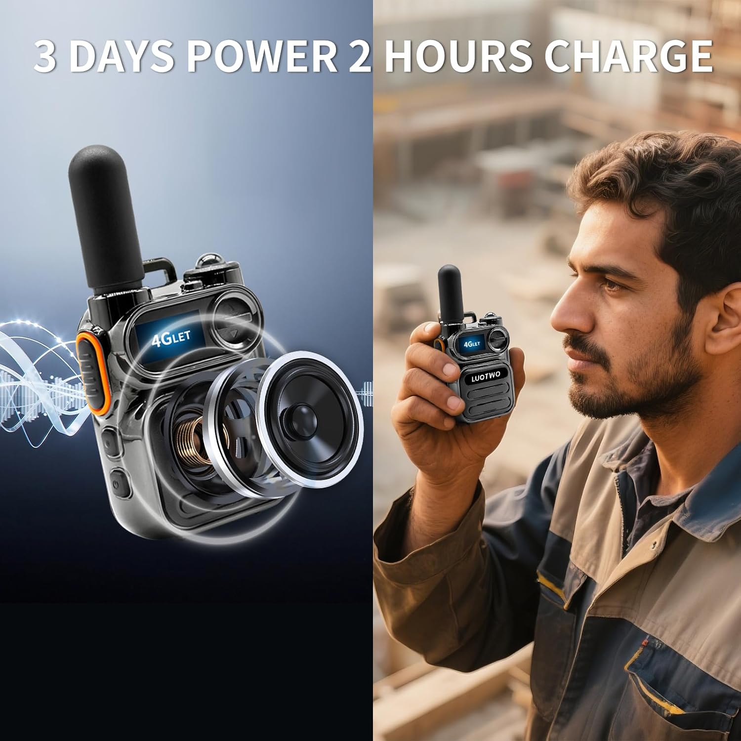 LUOTWO G388 walkie talkie with internal speaker components and a person holding the device.