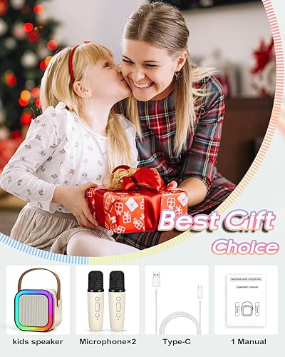 Miniatura 7 de Mini máquina de karaoke, altavoz Bluetooth portátil con luces LED con 2 micrófonos inalámbricos, karaoke, Navidad, juguetes para niños, regalos para