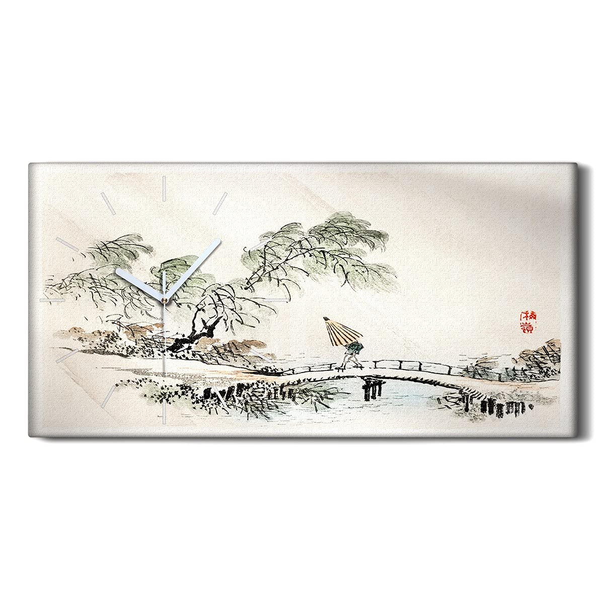 Horloge de Salon Décorative 60x30cm Toile Ponts de la Rivière et Arbres Asiatiques