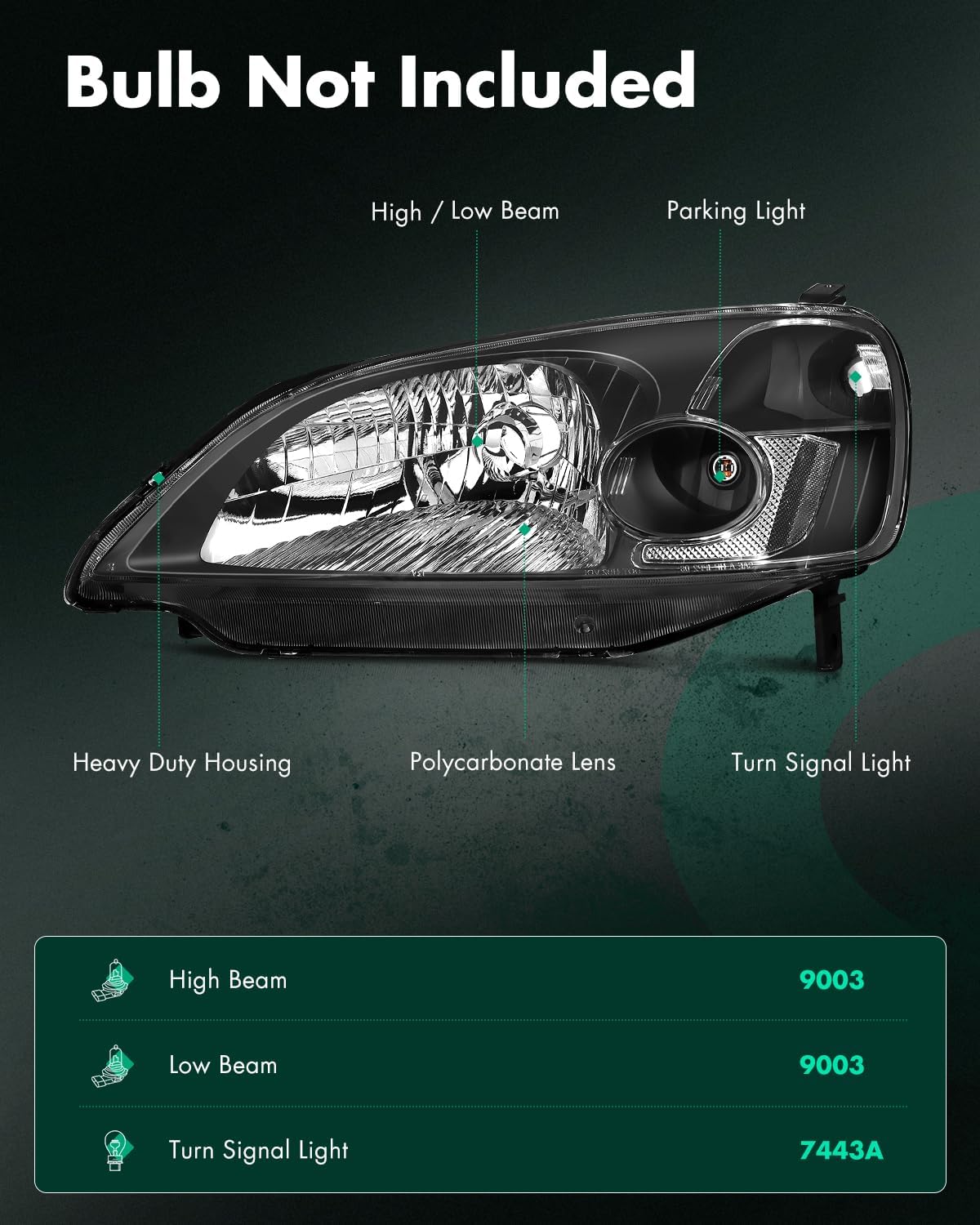 SCITOO Headlights For Honda Civic 2001-2003 Headlamps Black Housing Clear Reflector Clear Lens Driver and Passenger Side