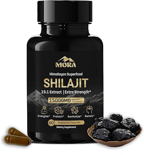 Suplemento vegano Shilajit WellBeing Mora  70% más de ácido fúlvico y más de 85 minerales traza  Contiene elementos bioactivos y ácido húmico  60