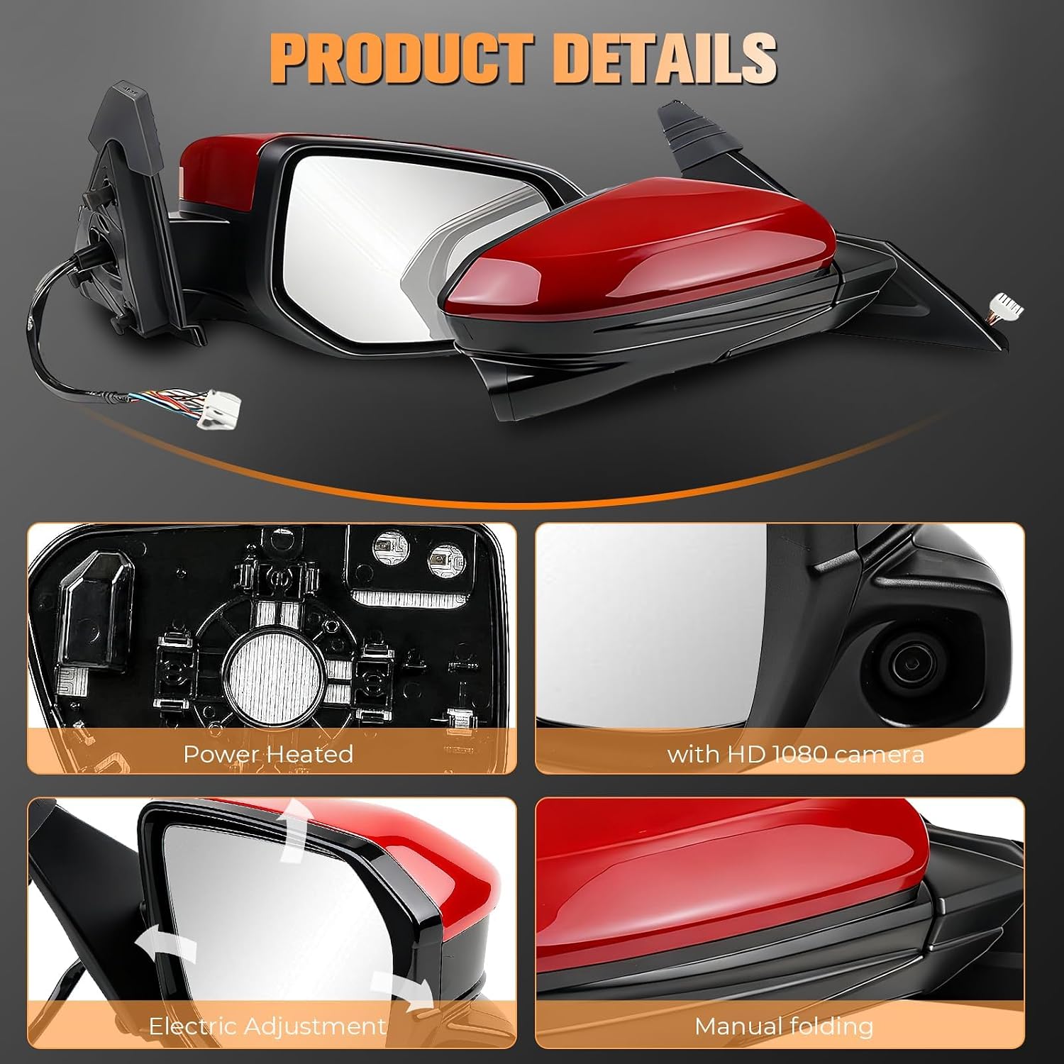 Passenger side rear View Mirror Assembly compatible with Honda Civic 2016-2021 replace 76201-TBA-A11ZF 76208-TBC-A03ZA right side Door Mirror 11 pins with camera power heated red