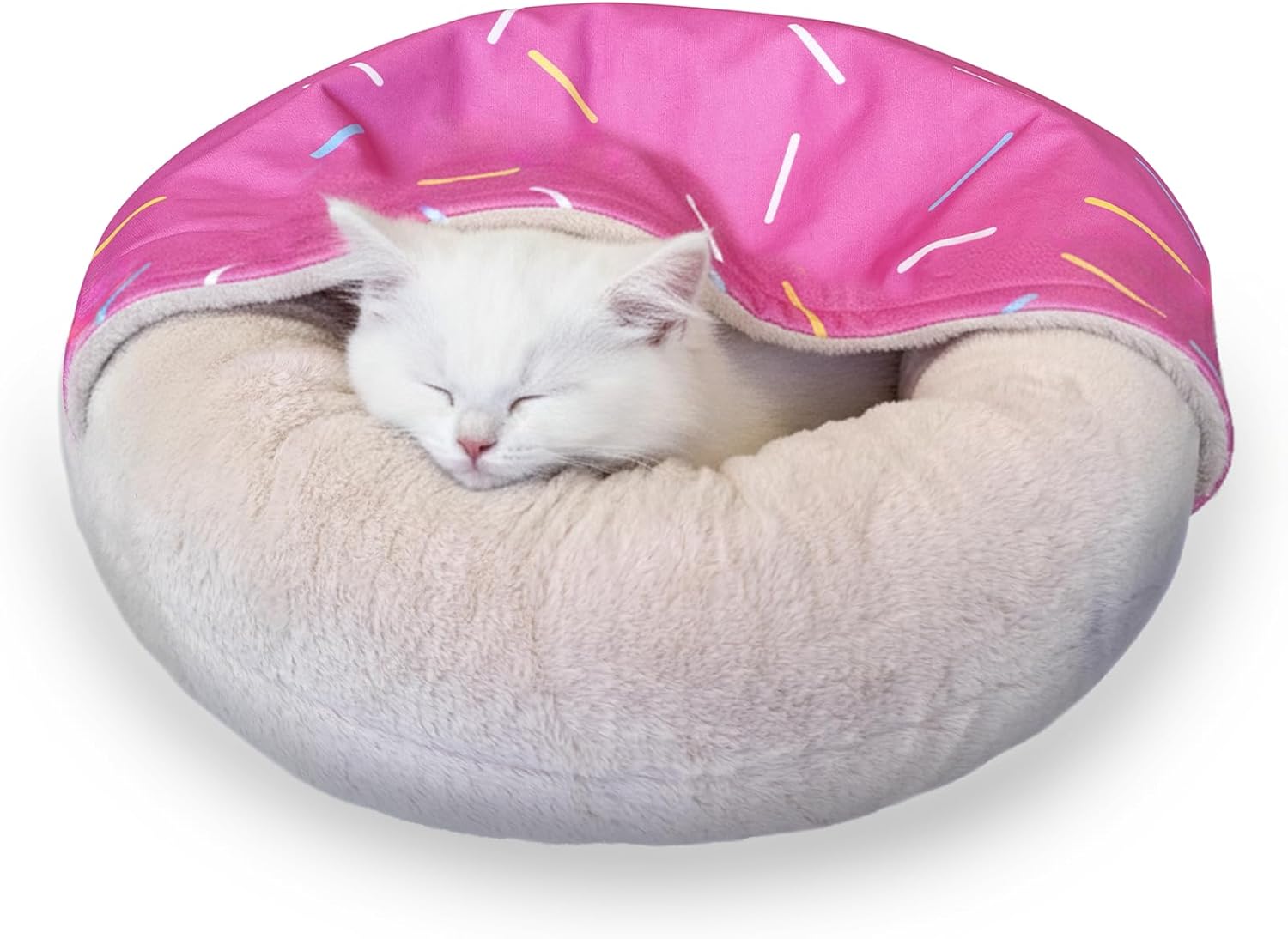 PAWSPIK Donut Plush Cat & Dog Bed – Egg Crate Foam Pet Bed with Faux Rabbit Fur, Calming Bolster Design, Non-Slip Bottom & Removable Cover, Medium (Strawberry)