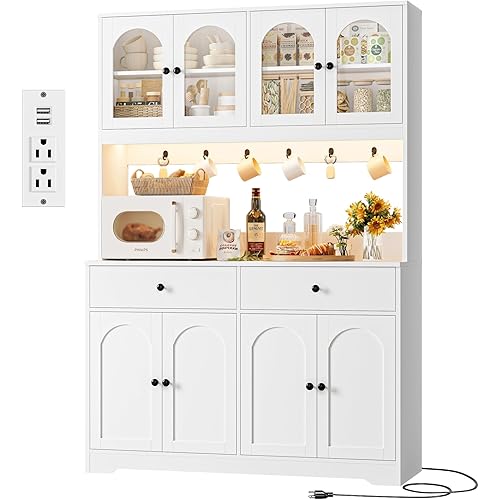 HIFIT 71" LED Kitchen Pantry Cabinet with Power Outlet, Large Kitchen Hutch Storage Cabinet with Arched Door & Shelves & 2 Drawers, Tall Modern Coffee Bar with Hutch for Home Dining Living Room, White