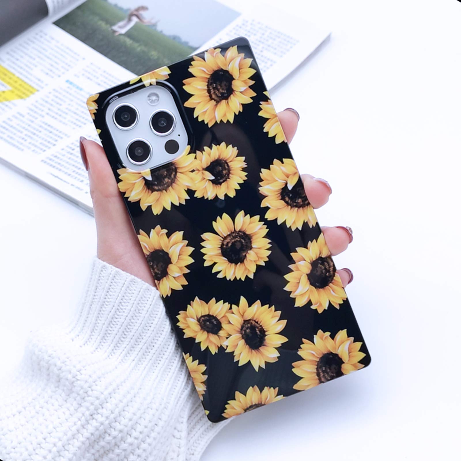 MADINCN Compatible with iPhone 12 Pro Max Soft Square Floral Case, 3D Sunflower Black Shell Design, Rugged Slim fit Shock-Absorbing Soft Rubber TPU Skin Cover Case (Yellow)