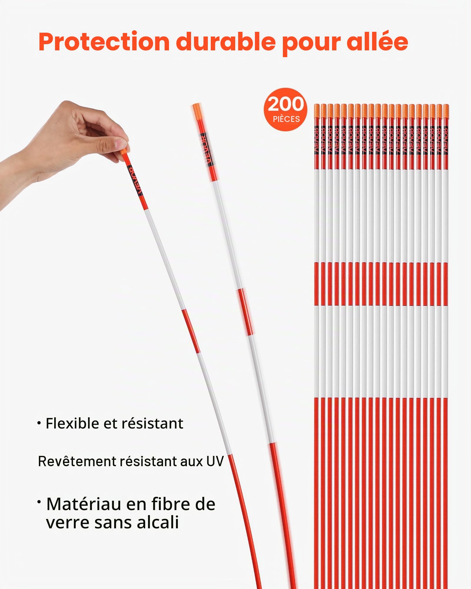VEVOR Marqueurs d'Allée Lot de 200 Piquets à Neige 8 x 1220 mm Fibre de Verre Réflecteurs Grande Visibilité Bande Réfléchissante, avec Foret en Acier 30 cm, Gants de Protection, pour Parkings, Allées