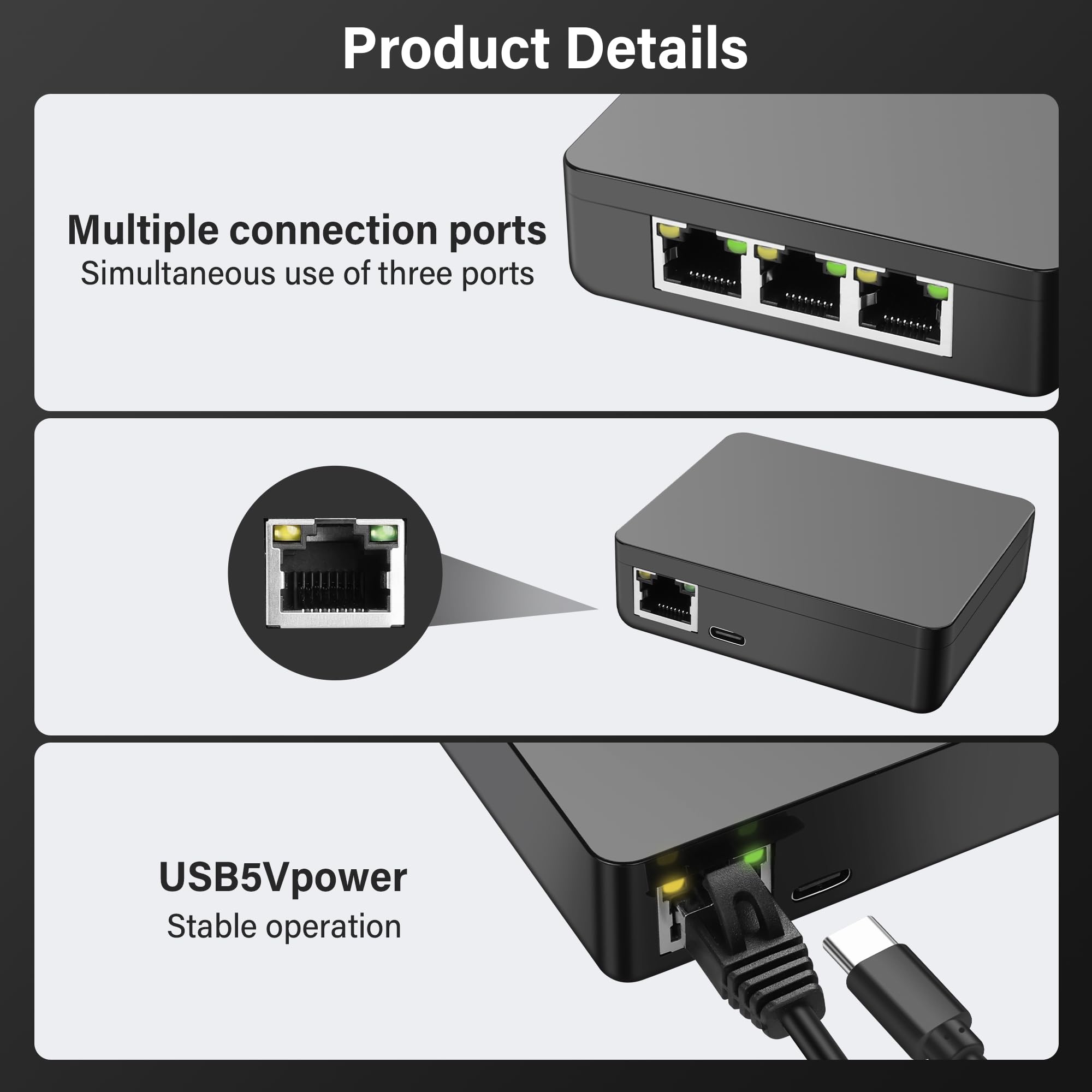 Splitter Ethernet RJ45 Da 1 A 2 - Adattatore Di Rete Gigabit 1000 Mbps, Plug & Play, Con Alimentazione USB, Per Cavi Cat5/6/7/8