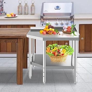 Stainless Steel Corner Kitchen Prep Table NSF Certified with Splash Guard & Adjustable Lower Shelf, 36 Commercial Workbench for Restaurant & Home, Silver