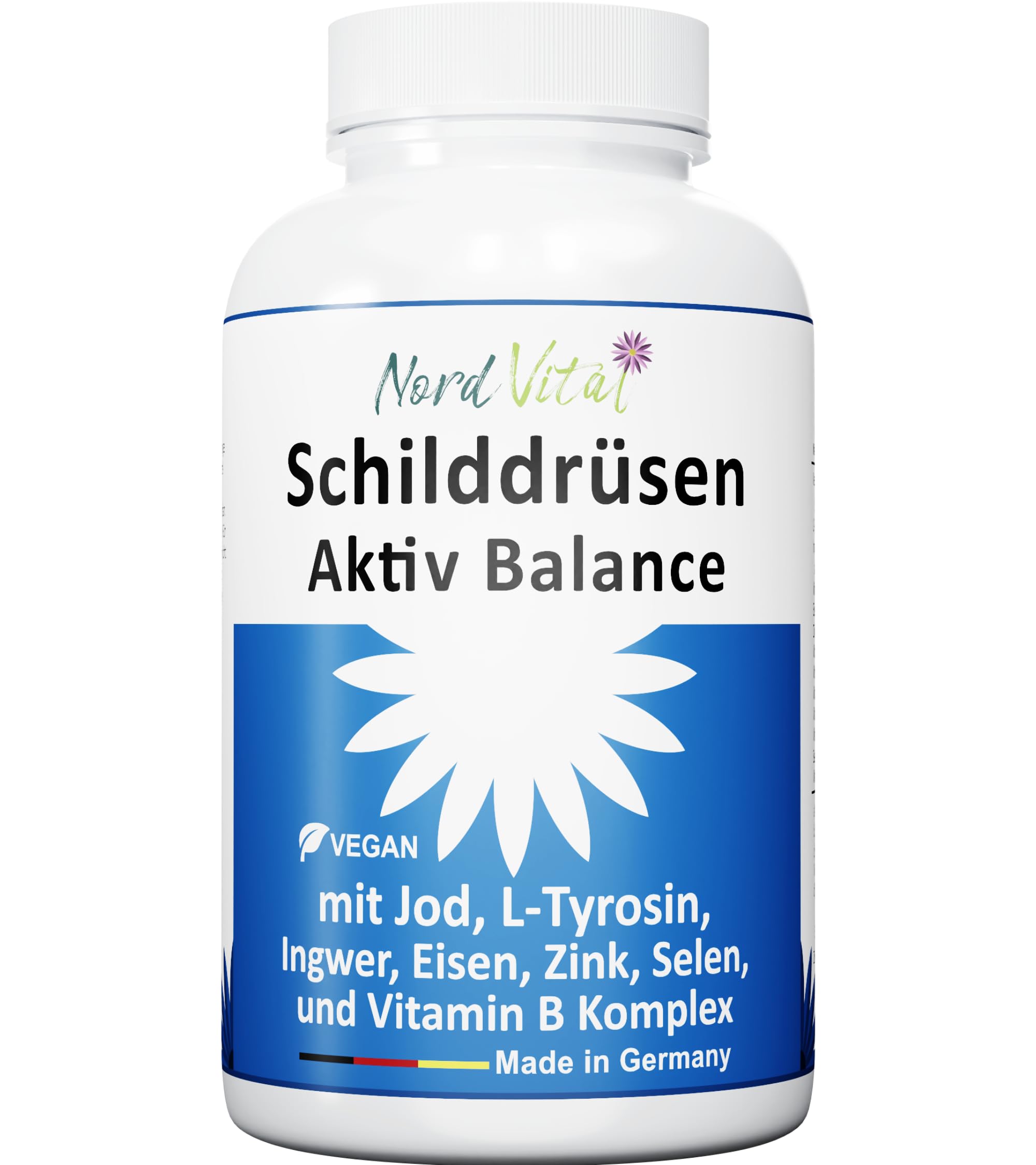 Schilddrüsen-Aktiv-Balance -13-in-1-Komplex mit Jod, L-Tyrosin, Ingwer, Selen, Eisen, Vitamin A und Vitamin B-Komplex - 180 Kapseln - Made in Germany - Ohne unerwünschte Zusätze - Vegan